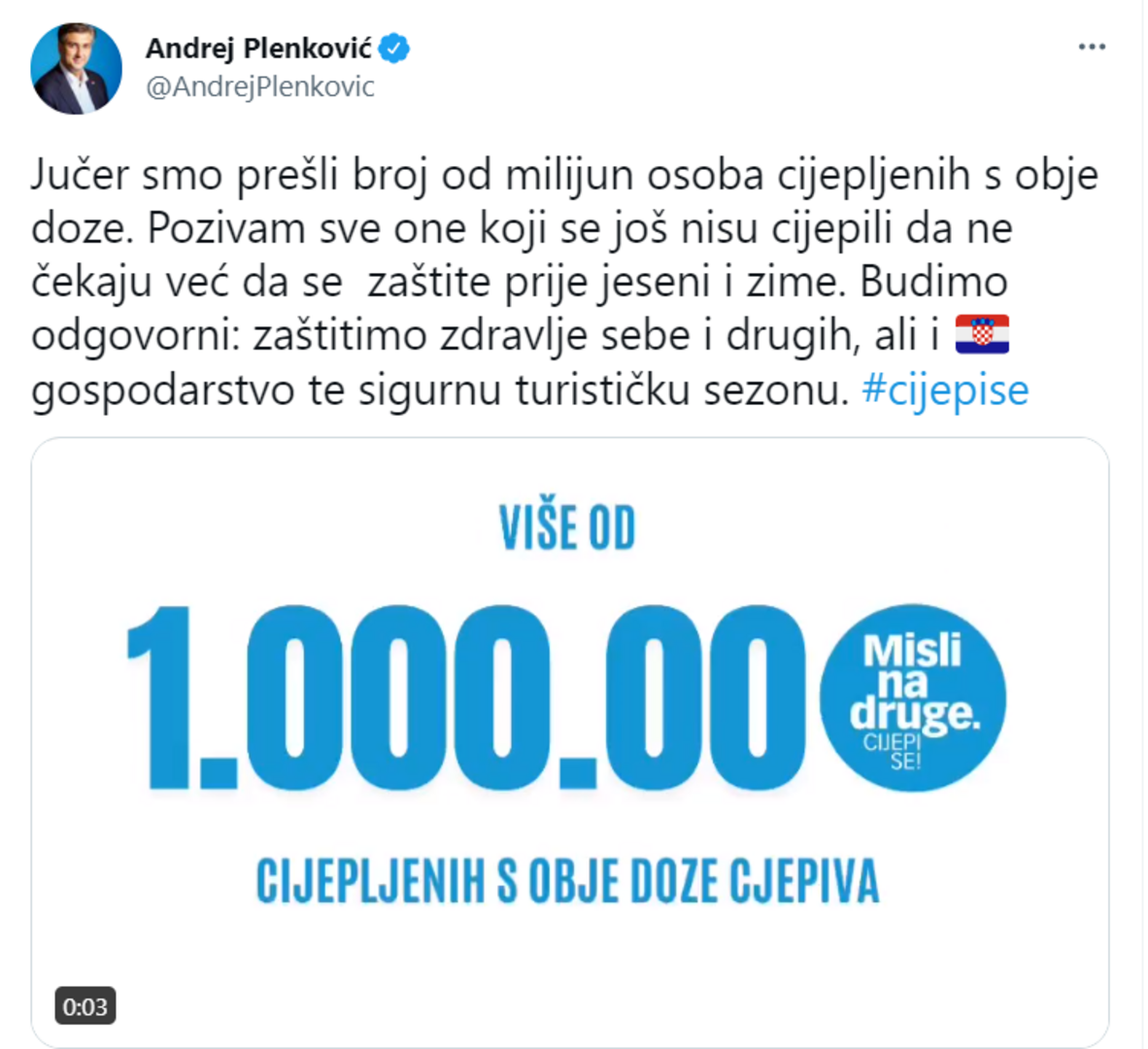 Plenković: U Hrvatskoj vakcinisano više od milion ljudi - slika 1
